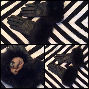 Black Genuine Leather Cashmere Fur Gloves Size M
